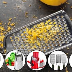 A grater with a lemon zest on a table and a collage of different types of graters, 12 Types of Graters [and How to Use Them]