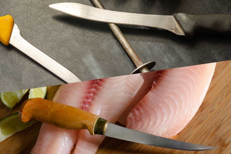 A collage of a boning knife and a fillet knife, Boning Knife vs. Fillet Knife: What's The Difference?