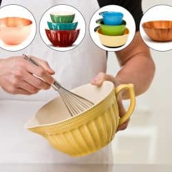 9 Types of Mixing Bowls You Should Know, Cropped image of a white muscular male with whisk and a collage of mixing bowl