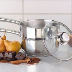 Double boiler at kitchen with pears chocolates and cinnamon rolls at the side, Is a Double Boiler (Bain Marie) Supposed to Touch the Water?