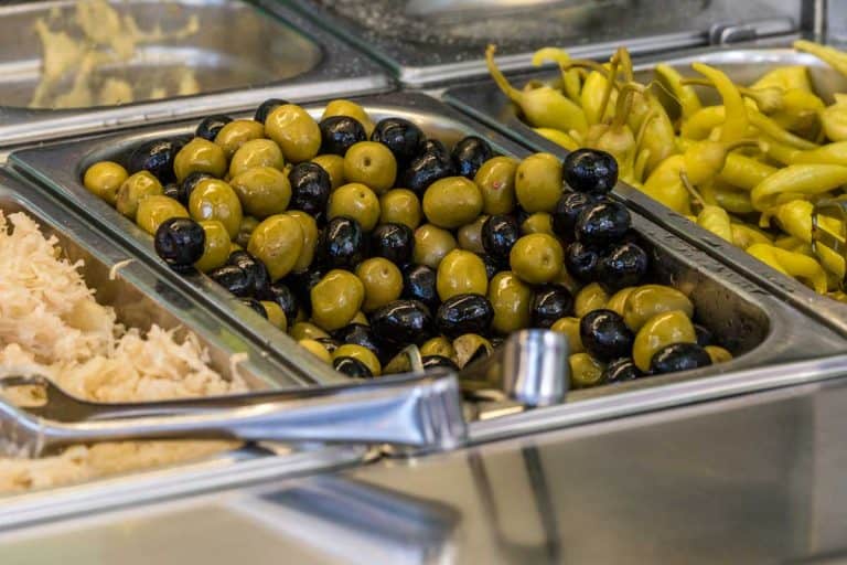 Green peppers, black olives, green olives and cabbage in a bain-marie at a cafeteria, How Long Can You Keep Food In A Bain-Marie?