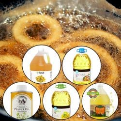 Onion Rings cooking in hot bubbly oil in a deep fryer with five cooking oils attached, What Kind of Oil Do You Put in a Deep Fryer?