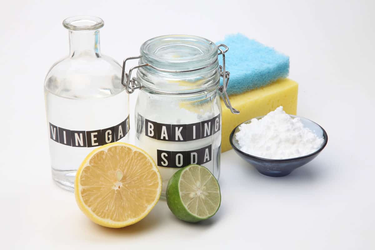 Vinegar, baking soda, lemon, and sponge used for washing