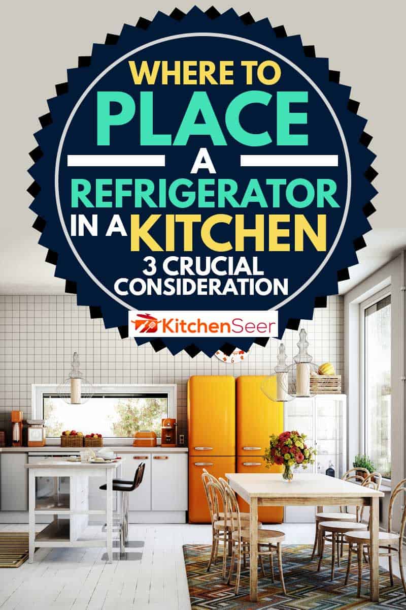 Scandinavian domestic kitchen interior scene with orange refrigerator, Where To Place A Refrigerator In A Kitchen [3 Crucial Considerations]