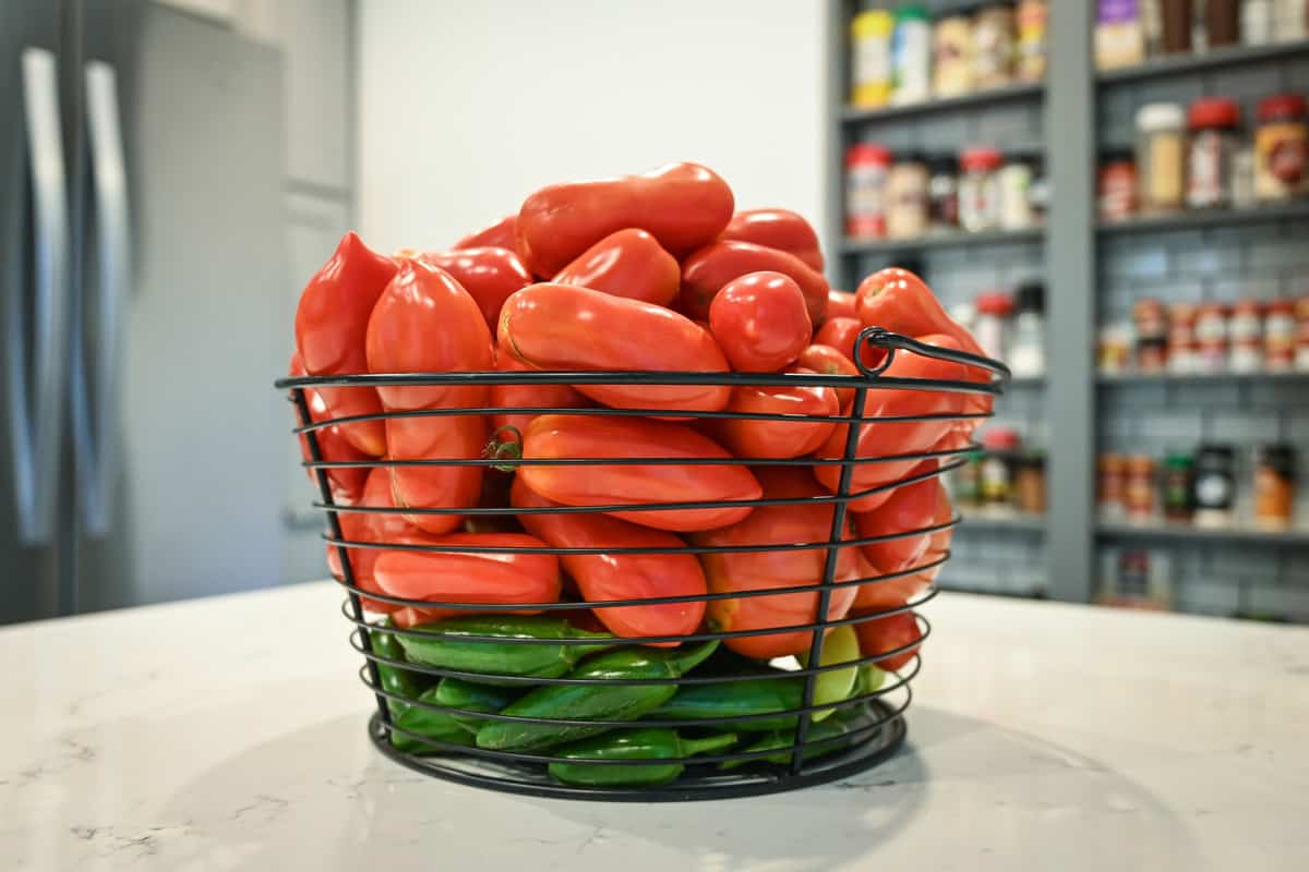 Fresh tomatoes and peppers on a wire basket, 11 Best Freezer Baskets [Inc. Wire and Plastic]