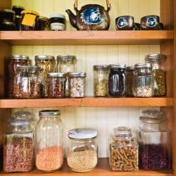A contemporary classic kitchen renovation remodeling featuring a pantry storage shelf and maple cabinet, Why Does My Pantry Smell Bad? [And How To Fix That]