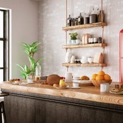A modern kitchen with a butchers countertop and a hanging spice rack on the wall, How Much Do Butcher Block Countertops Cost? [By size, type, grain and brand]