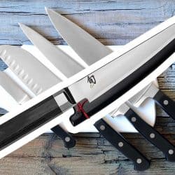 A collage of a Shun knife and kitchen knife set on a chopping board, Which Shun Knife Is Best for Cutting Meat?