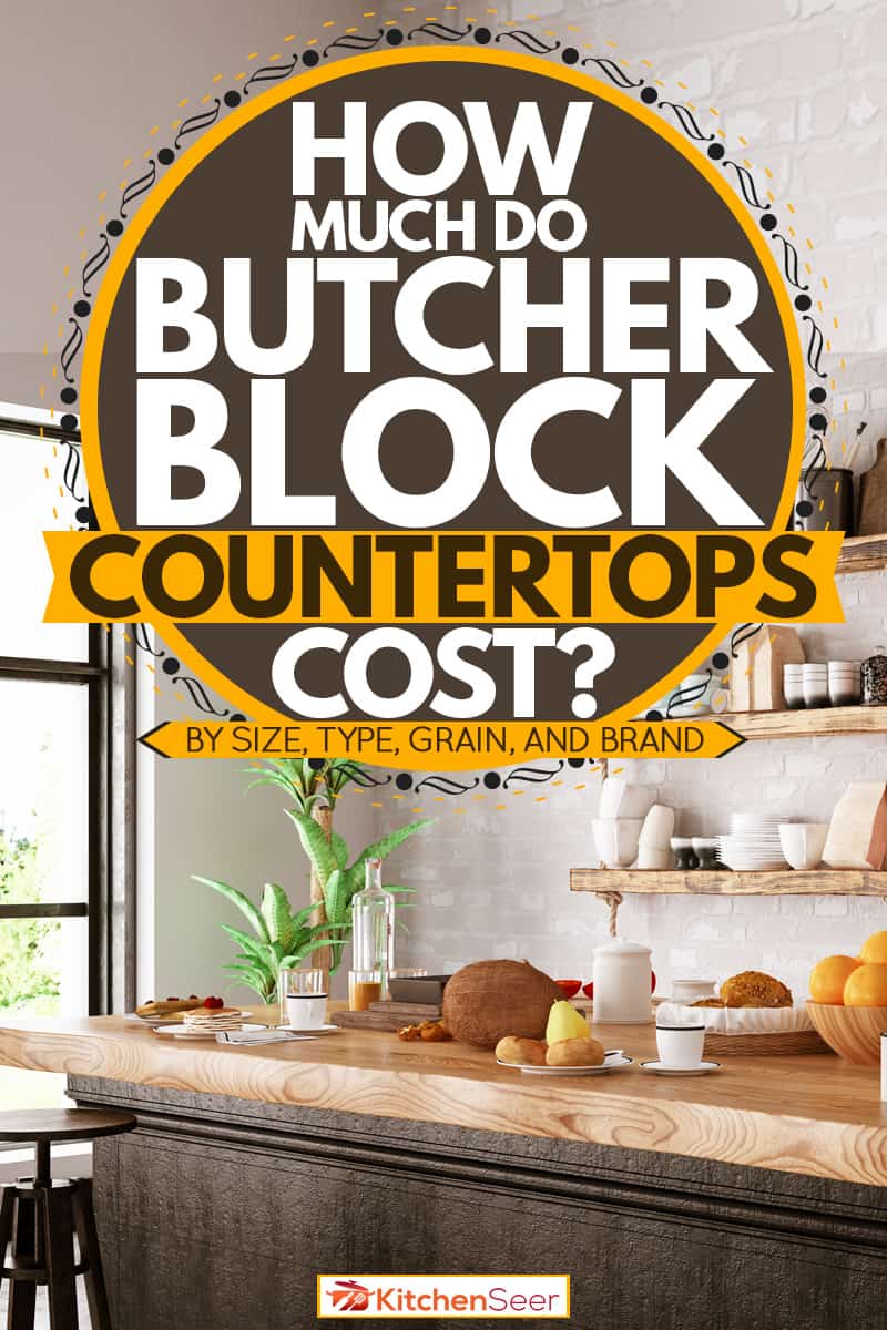 A modern kitchen with a butcher block countertop and a hanging spice rack on the wall, How Much Do Butcher Block Countertops Cost? [By size, type, grain and brand]