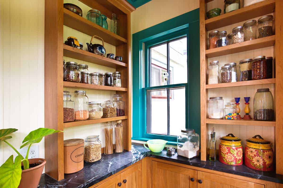 Modern classic kitchen pantry storage shelves and maple cabinets