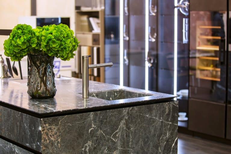 A luxurious modern kitchen with gray granite countertop with an indoor plant placed inside a jar, Are Granite Countertops Durable (And Easy To Maintain)?