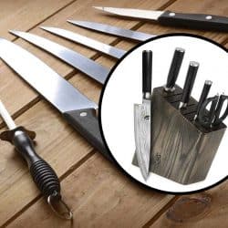A shun knife block set with a set of kitchen knives on the background, What are Shun Knives Made of (And Do They Rust)?