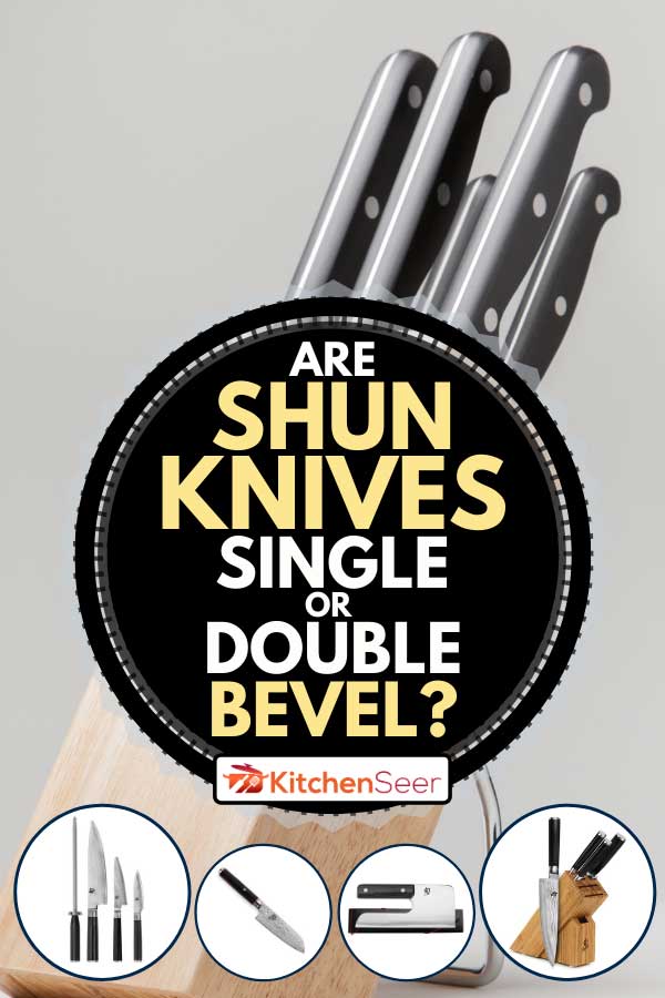 Collage of Shun knives with set of knives on the background, Are Shun Knives Single Or Double Bevel?