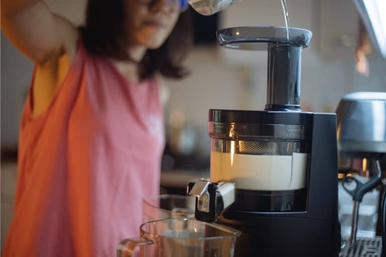 woman using a food processor at her home kitchen puring water, Can You Grind And Shave Ice In A Food Processor
