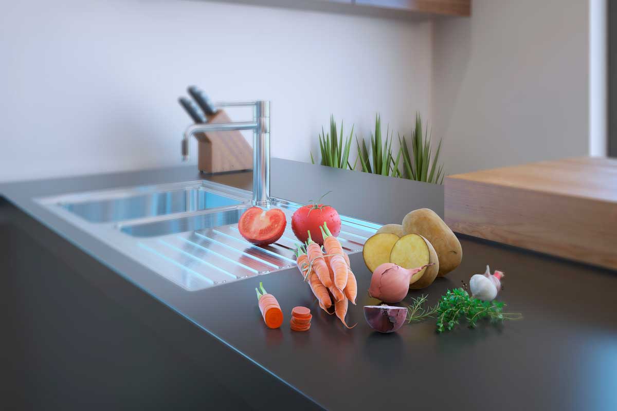 Modern kitchen interior with fresh vegetables on natural stone