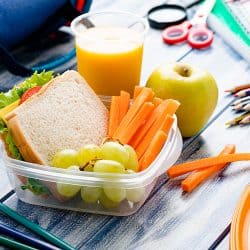 Healthy food for kids concepts: well balanced school lunch box shot on blue table. School supplies are around the lunch box, How To Seal Plastic Food Containers [4 Cool Tricks!]