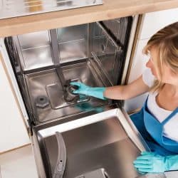 Young woman cleaning dishwasher in kitchen, How To Clean A Kenmore Dishwasher? [Inc. The Filter]