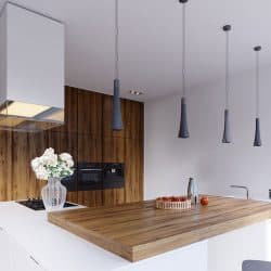 Gorgeous minimalist themed with a wooden breakfast bar with dangling lamps, a freestanding kitchen range, and wooden paneled kitchen cabinets with an oven, Slide In Vs Freestanding Range - Which Should You Choose?