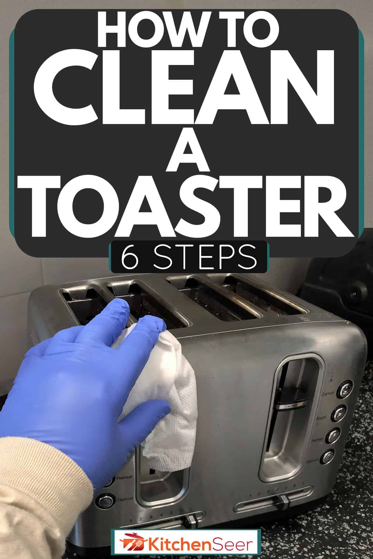 A woman wearing gloves cleaning toaster oven in the kitchen, How To Clean A Toaster [6 Steps]