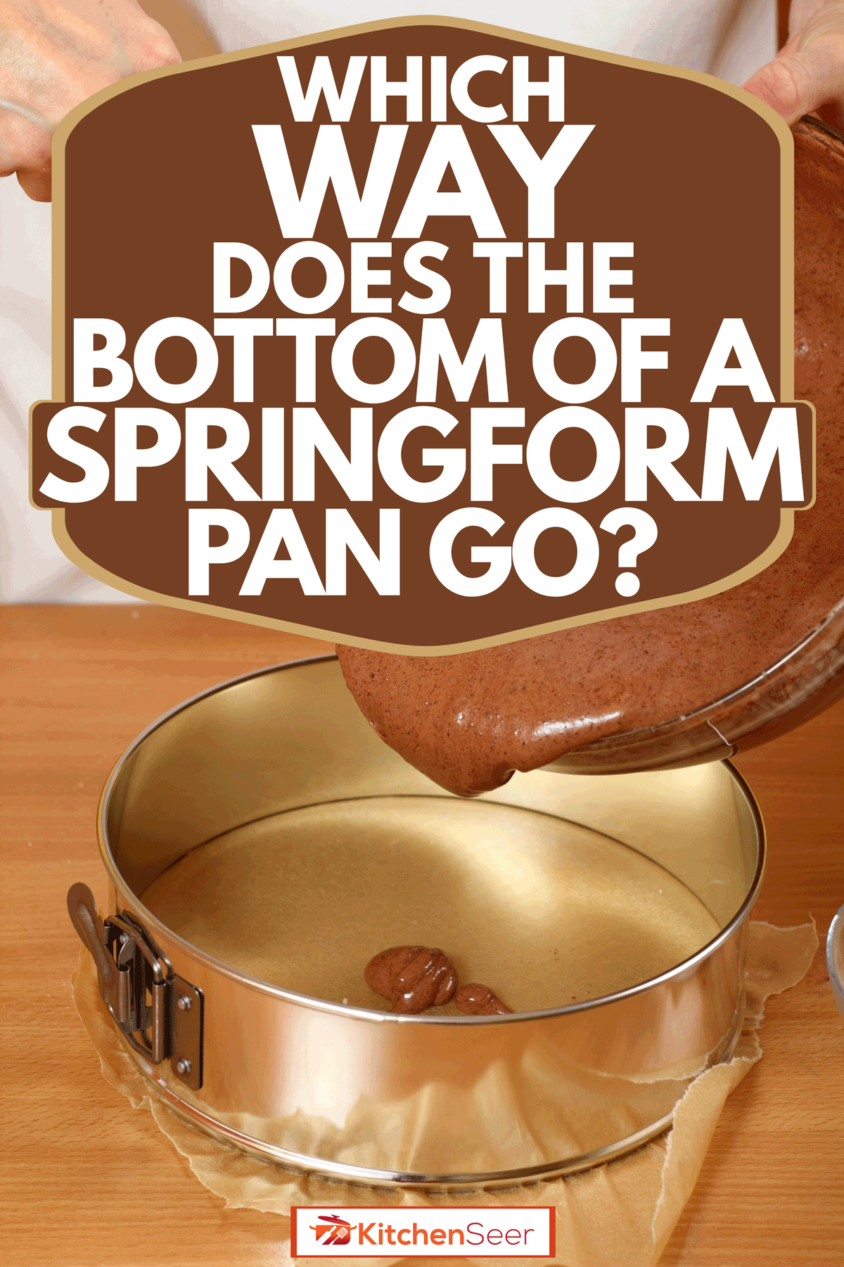 A woman pouring cake mix inside a golden springform pan, Which Way Does The Bottom Of A Springform Pan Go?