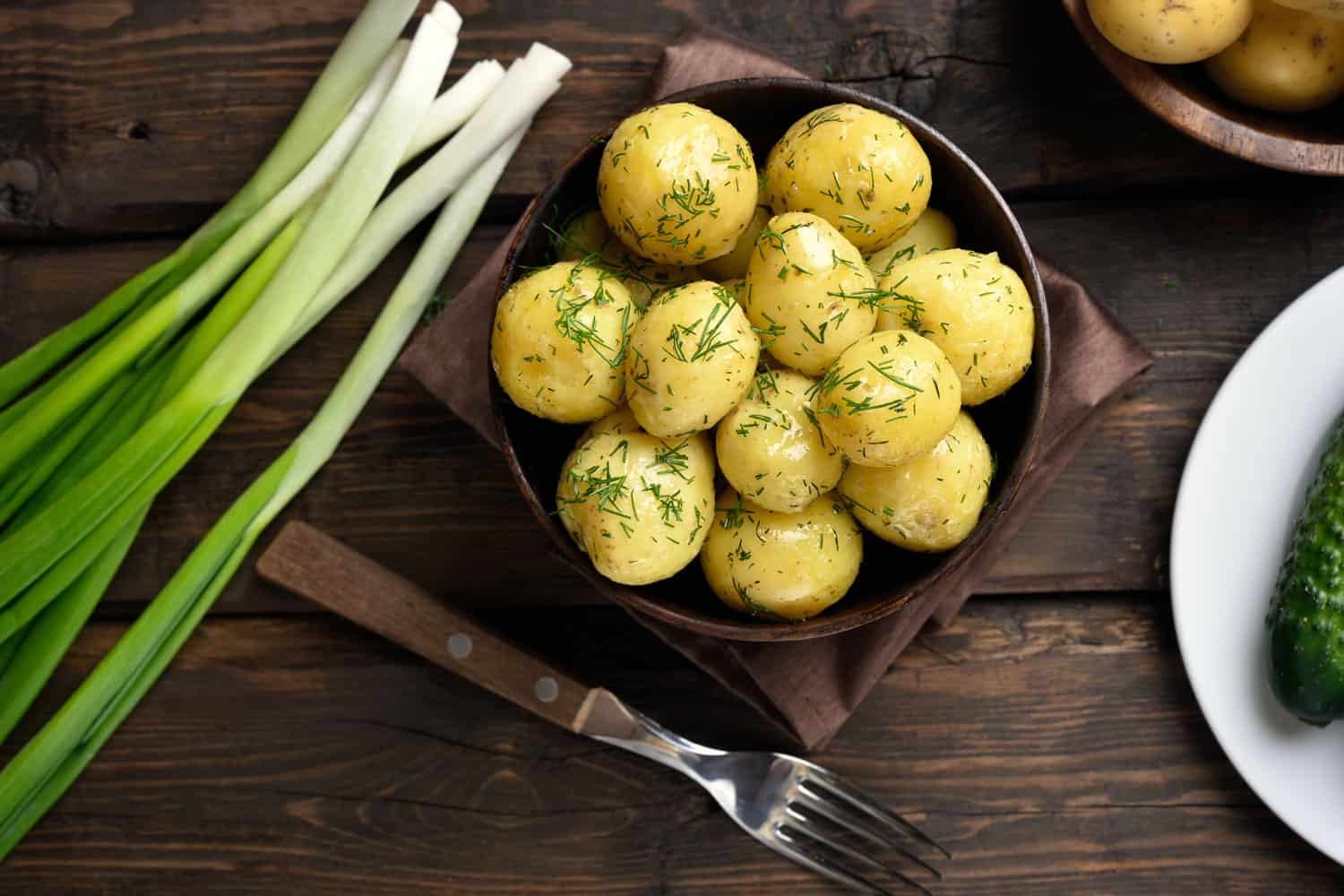 Boiled potatoes sprinkled with dill on top