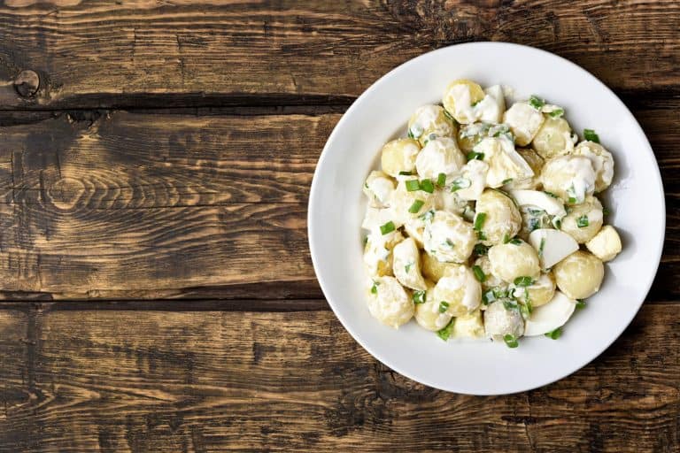 Evenly cut salad potato with mayonnaise and garnished with green onion, How Long To Boil Potatoes [By Type Of Dish]