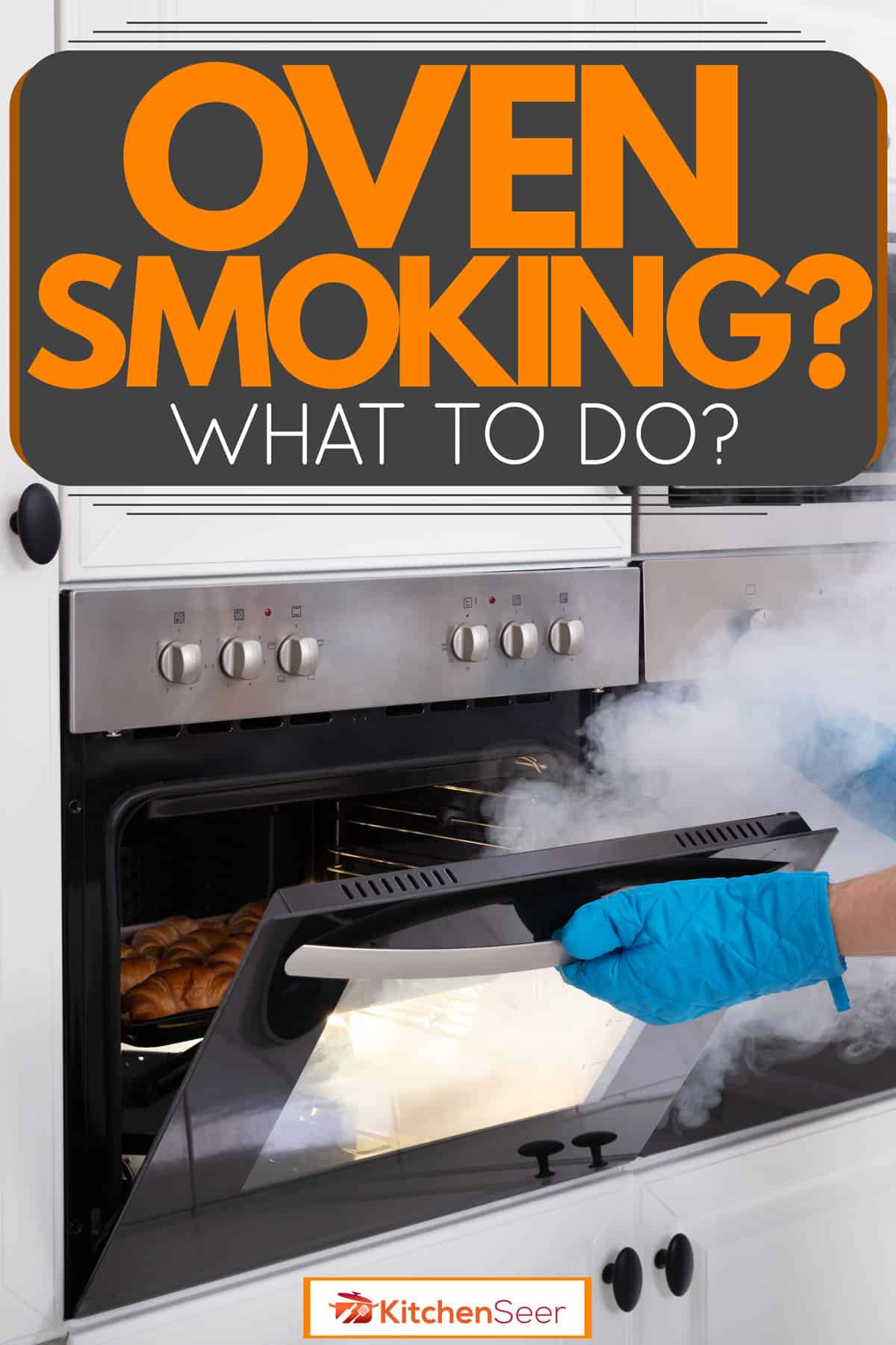 A woman wearing blue hand muffs while safely opening her smoking oven, Oven Smoking – What To Do?