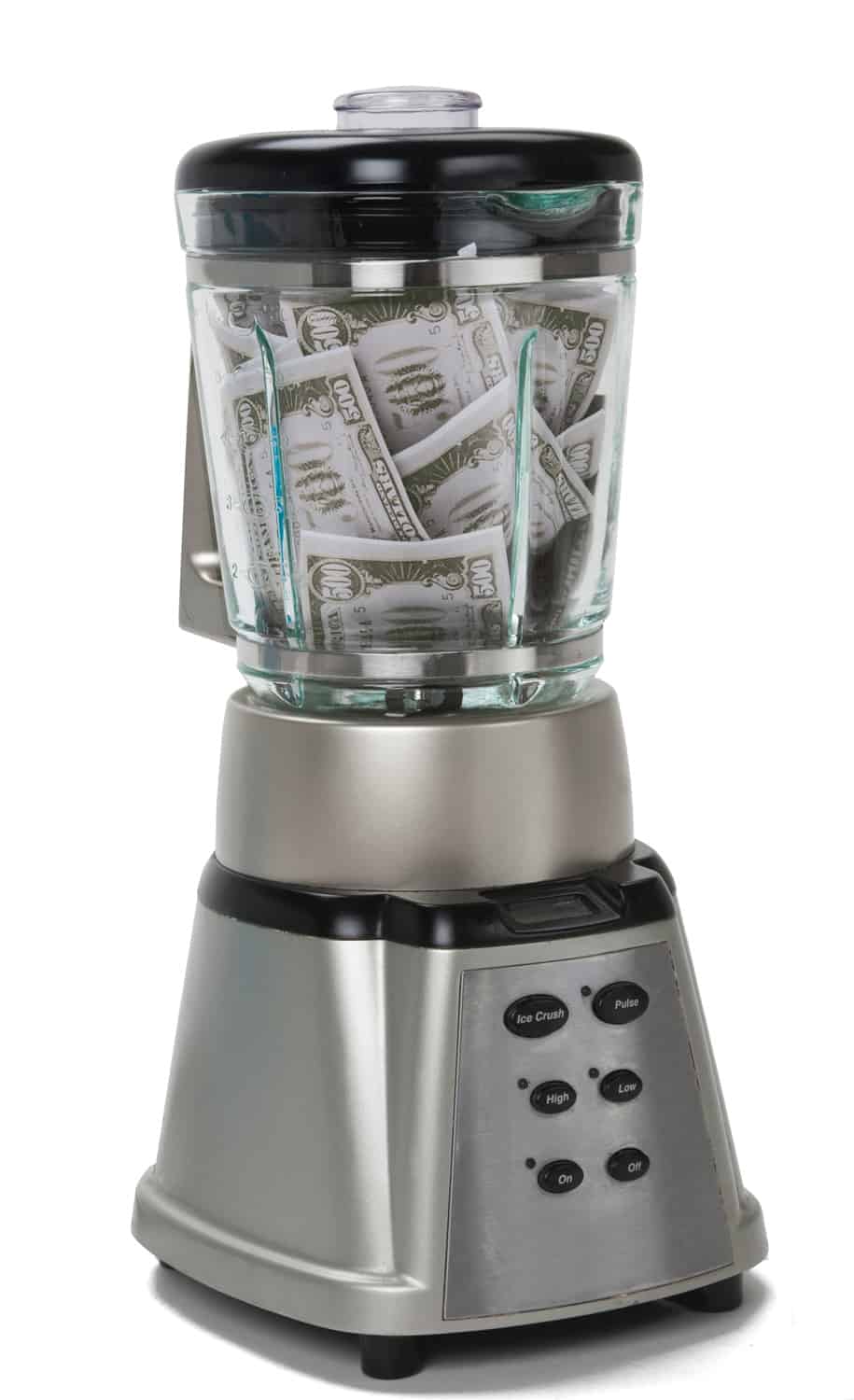 Household brushed metal chrome blender filled with cash.