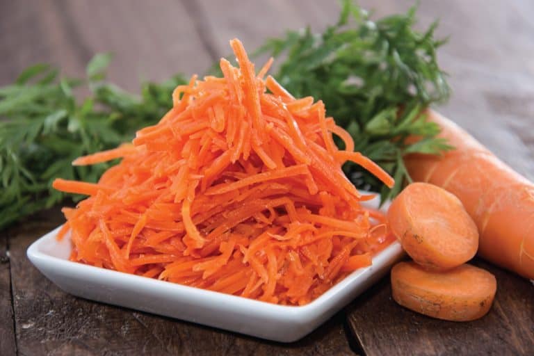 small plate with carrot salad, shredded carrots. How To Shred Vegetables In A Food Processor In 4 Easy Steps