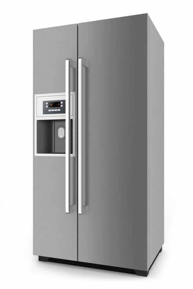 A double door fridge on a white background
