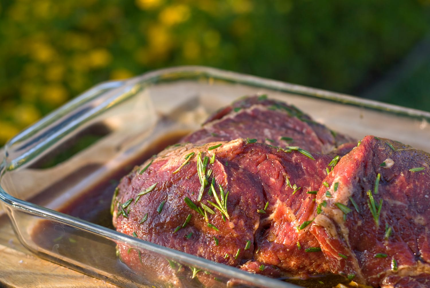 Beef Rib Eye Steaks, Raw Meat & Rosemary Marinade & Barbeque Cooking