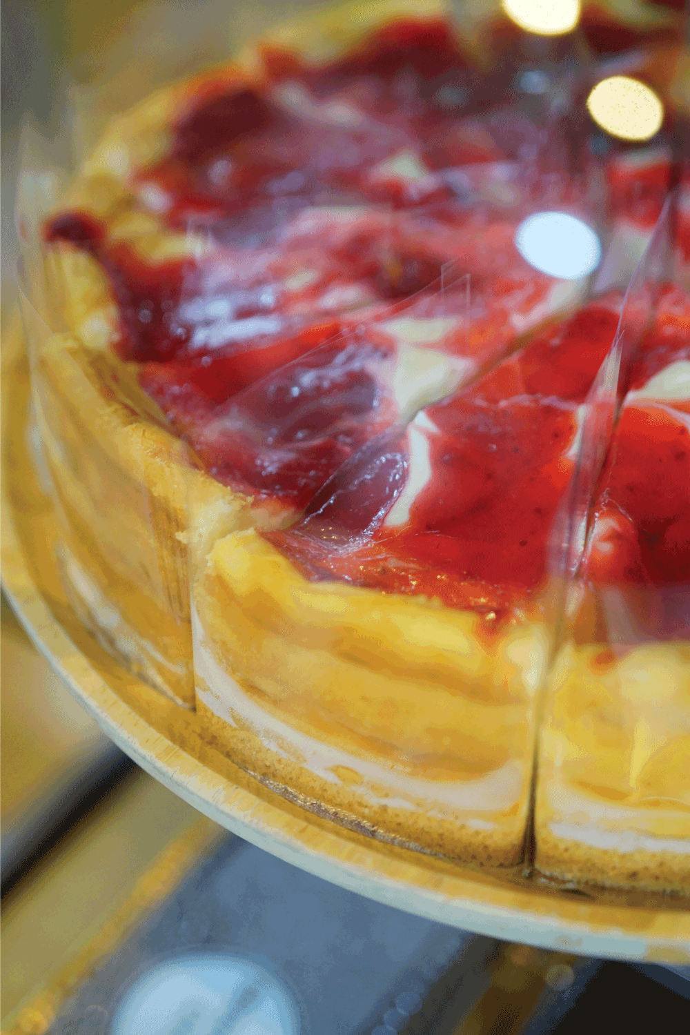 Close-up Strawberry Jam cheesecake in Refrigerator