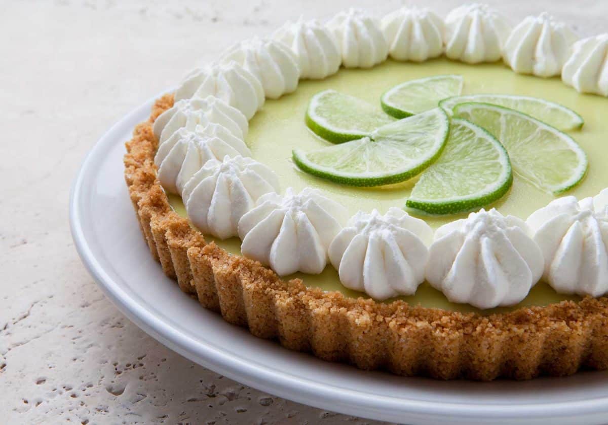 Key lime pie on a marble table