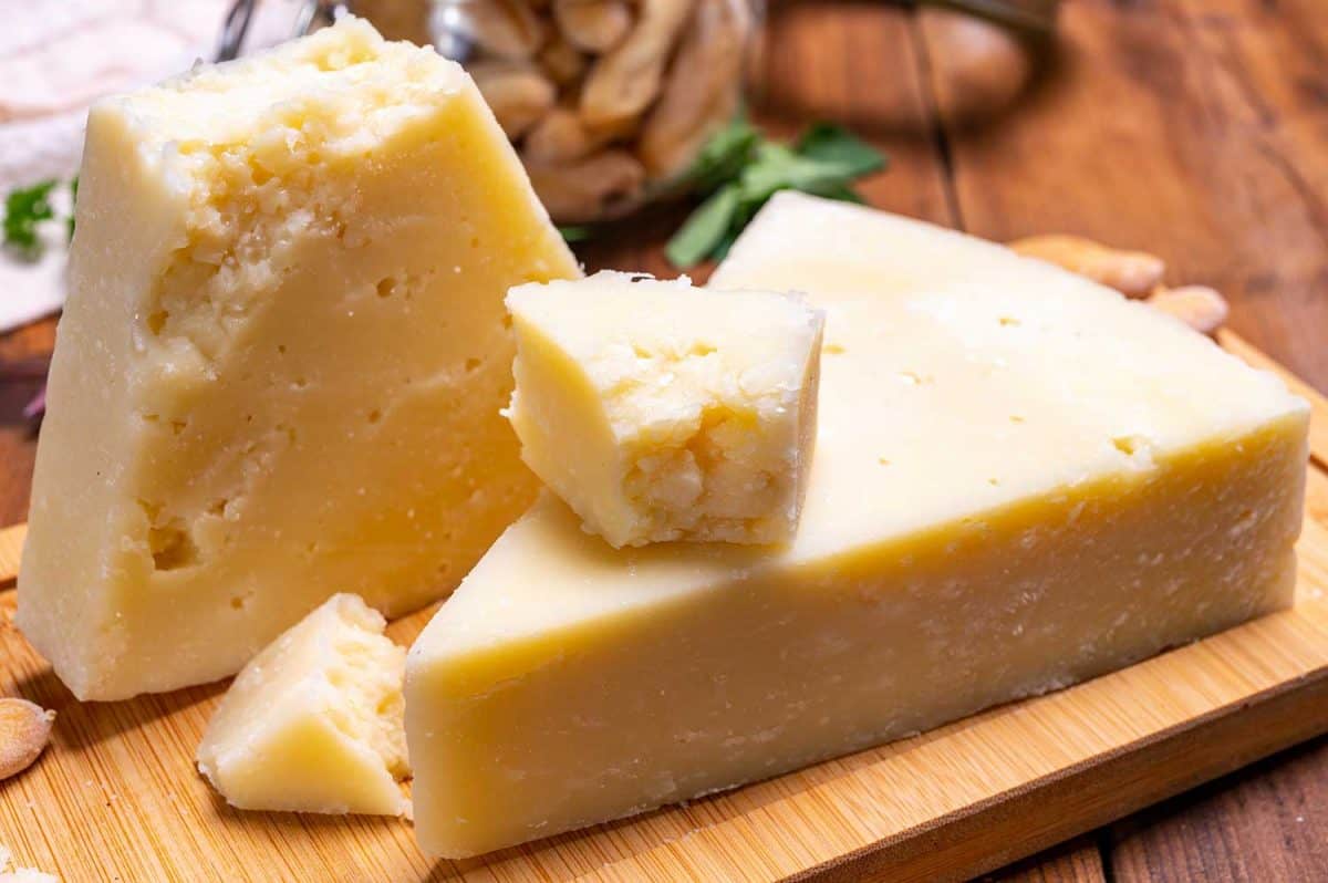 Pieces of matured pecorino romano italian cheese made from sheep milk