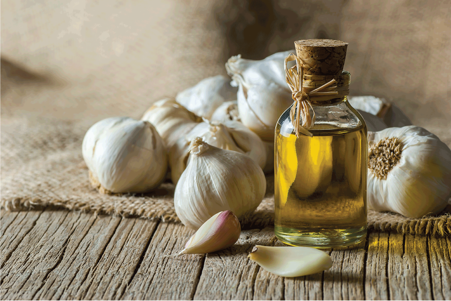Ripe and raw garlic and garlic oil in glass of bottle on wooden table with burlap sack, alternative medicine, organic cleaner