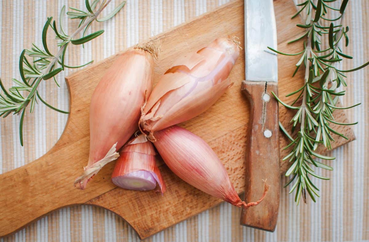 Shallots on cutting board with fresh rosemary
