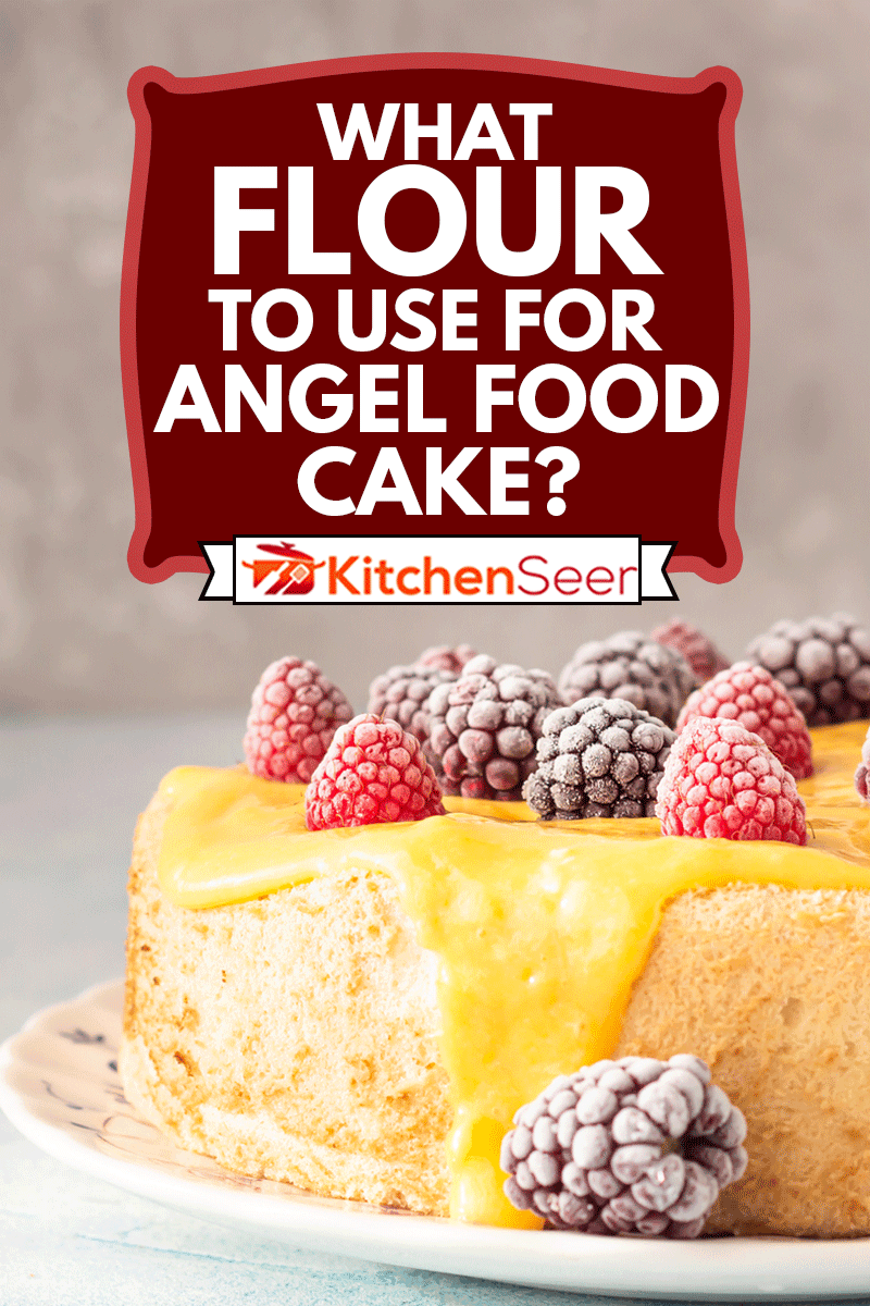 Angel food cake with lemon curd and frozen berries (raspberry and blackberry) on a plate, blue concrete background, What Flour To Use For Angel Food Cake?