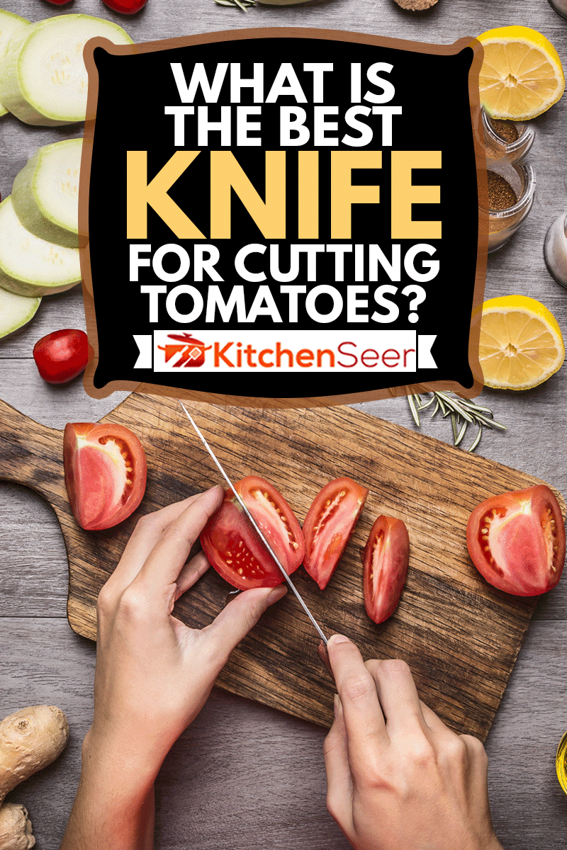 Female hand cut tomatoes on rustic kitchen table, around lie ingredients, vegetables, fruits, and spices, Healthy foods, cooking and vegetarian concept, What Is The Best Knife For Cutting Tomatoes?