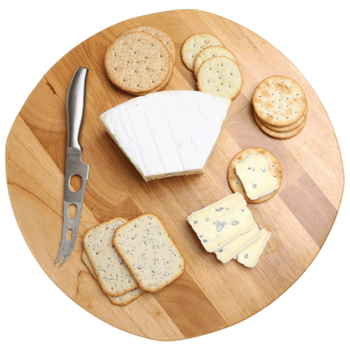 Cheeseboard with soft blue cheese and biscuits.