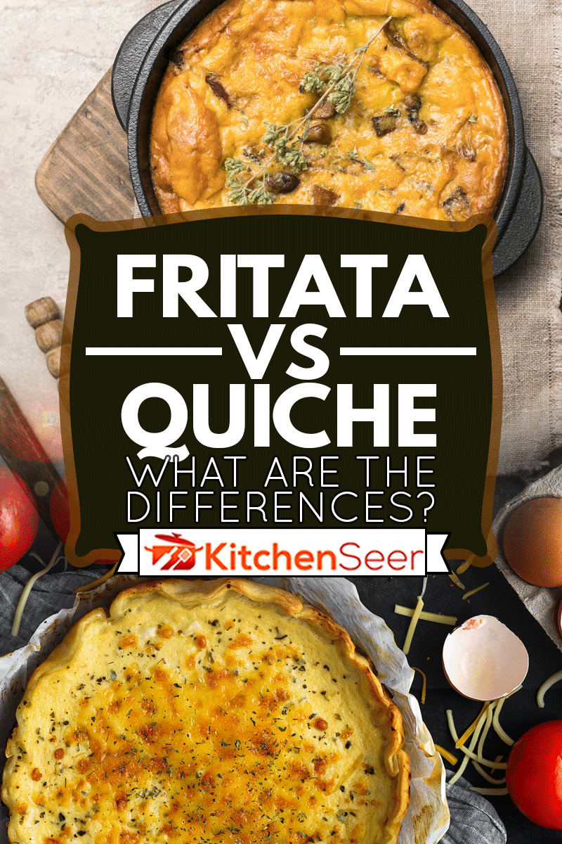 A collage of Vegetable quiche, tomato, eggs and cheese and Frittata with mushrooms in a pan on wooden background, Frittata Vs Quiche - What Are The Differences?