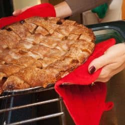 Mother taking out apple pie fresh from the kitchen oven, What Size Should A Pot Holder Be? [With Examples!]