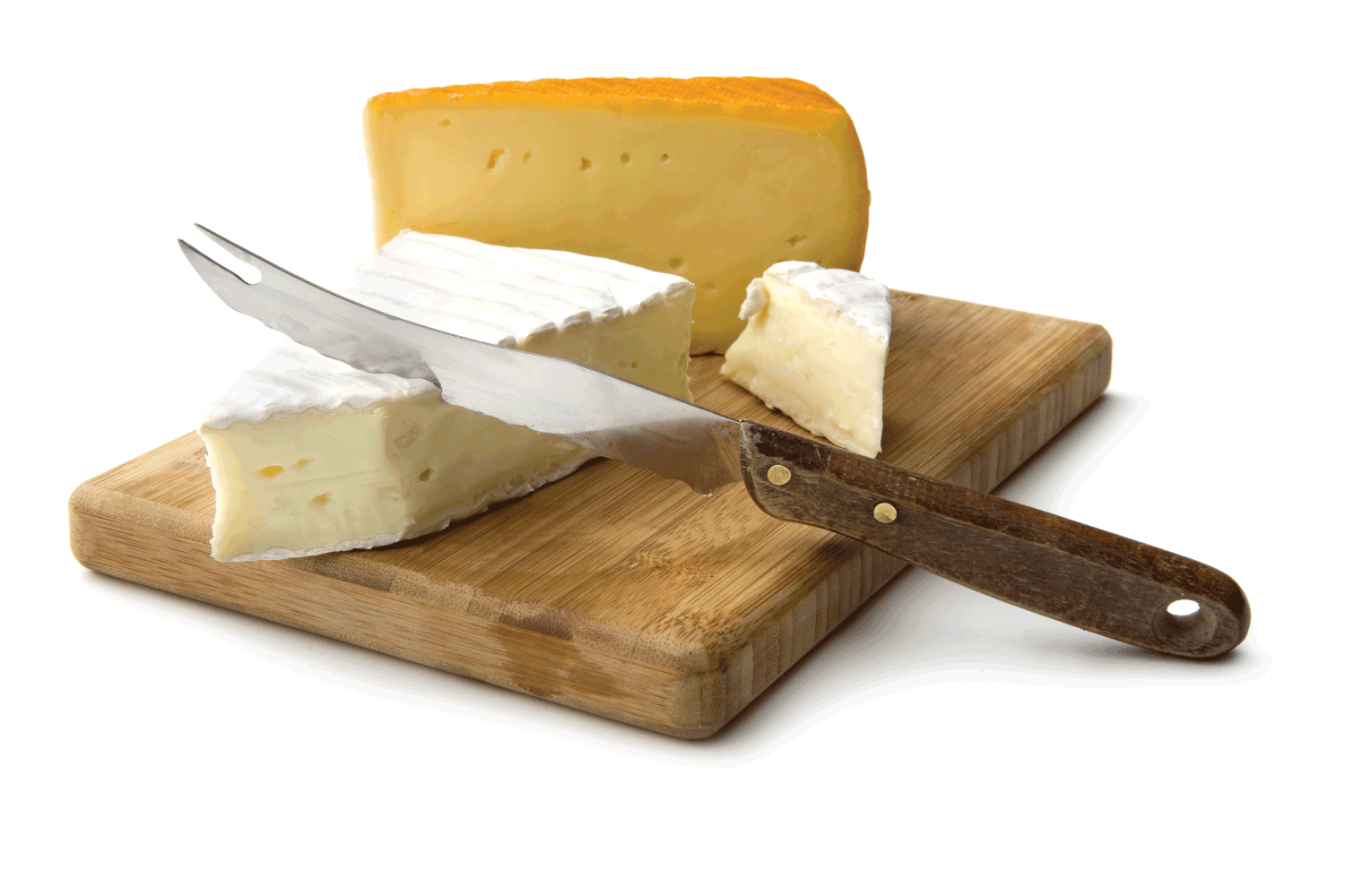 brick of cheeses on a wooden board with knife
