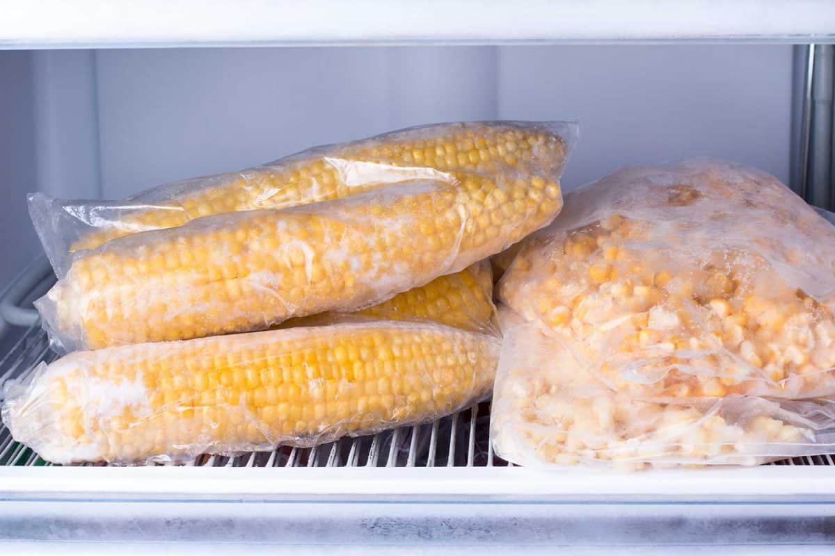 Close up of frozen corn in bag into the freezer