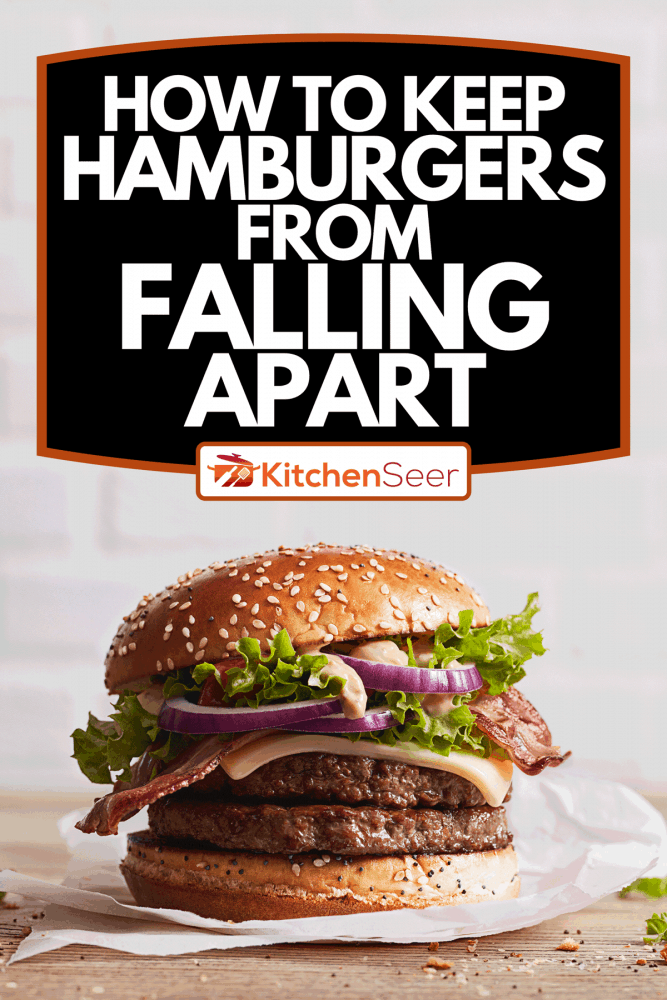 A burger with sesame bun with onion rings and juicy fried meat on a white brick wall background, How To Keep Hamburgers From Falling Apart