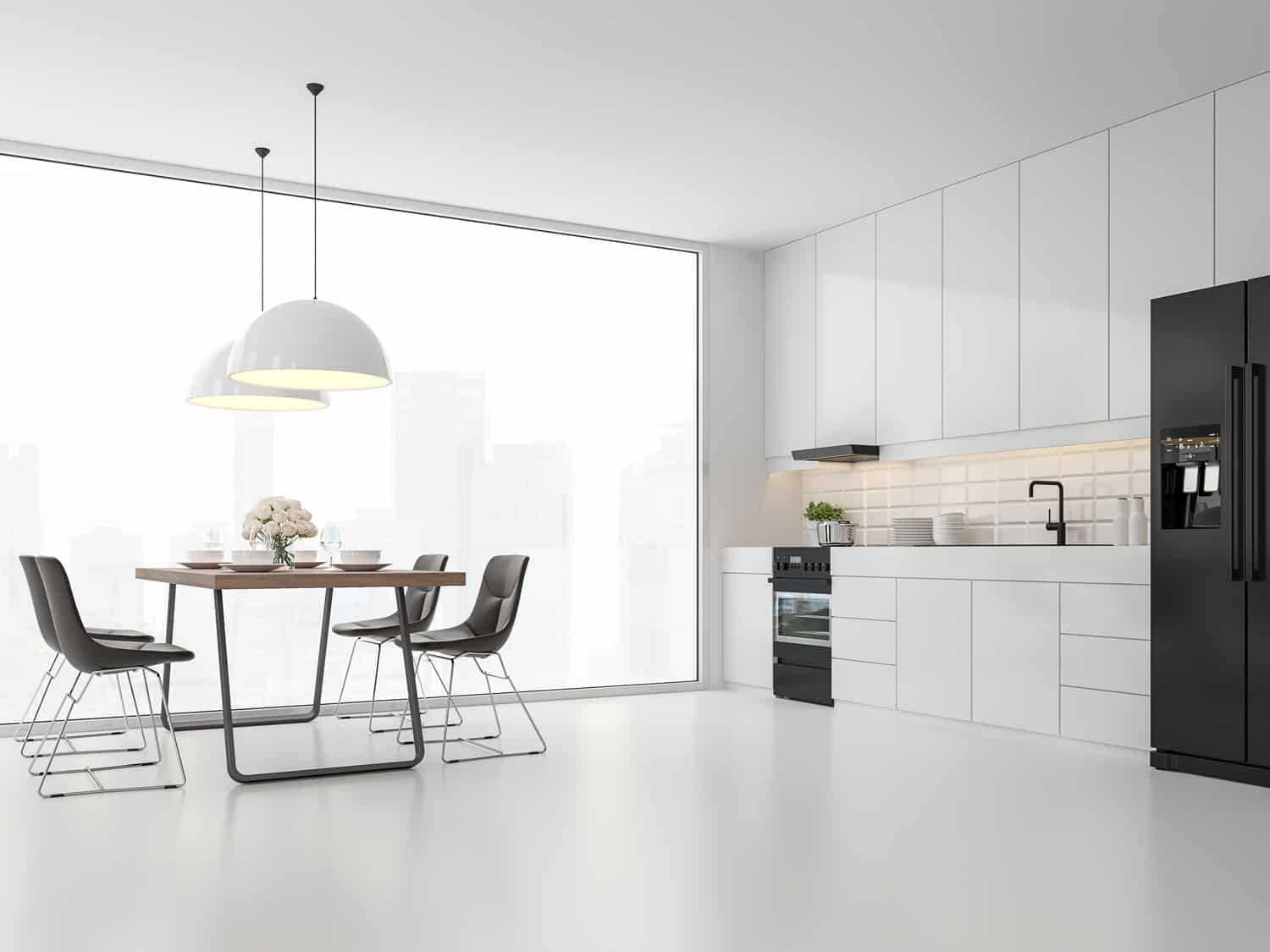 Minimal style kitchen and dining room. There are white floor and wall, Glossy white cabinet doors,Dark brown leather chair,The room has large windows. lookink out to the city view.