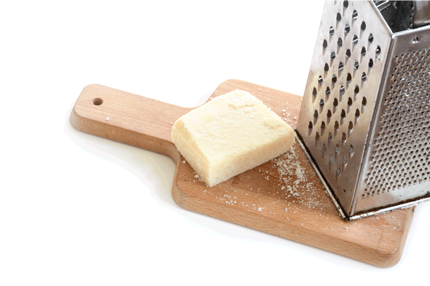 Parmesan cheese and metal grater on a kitchen board