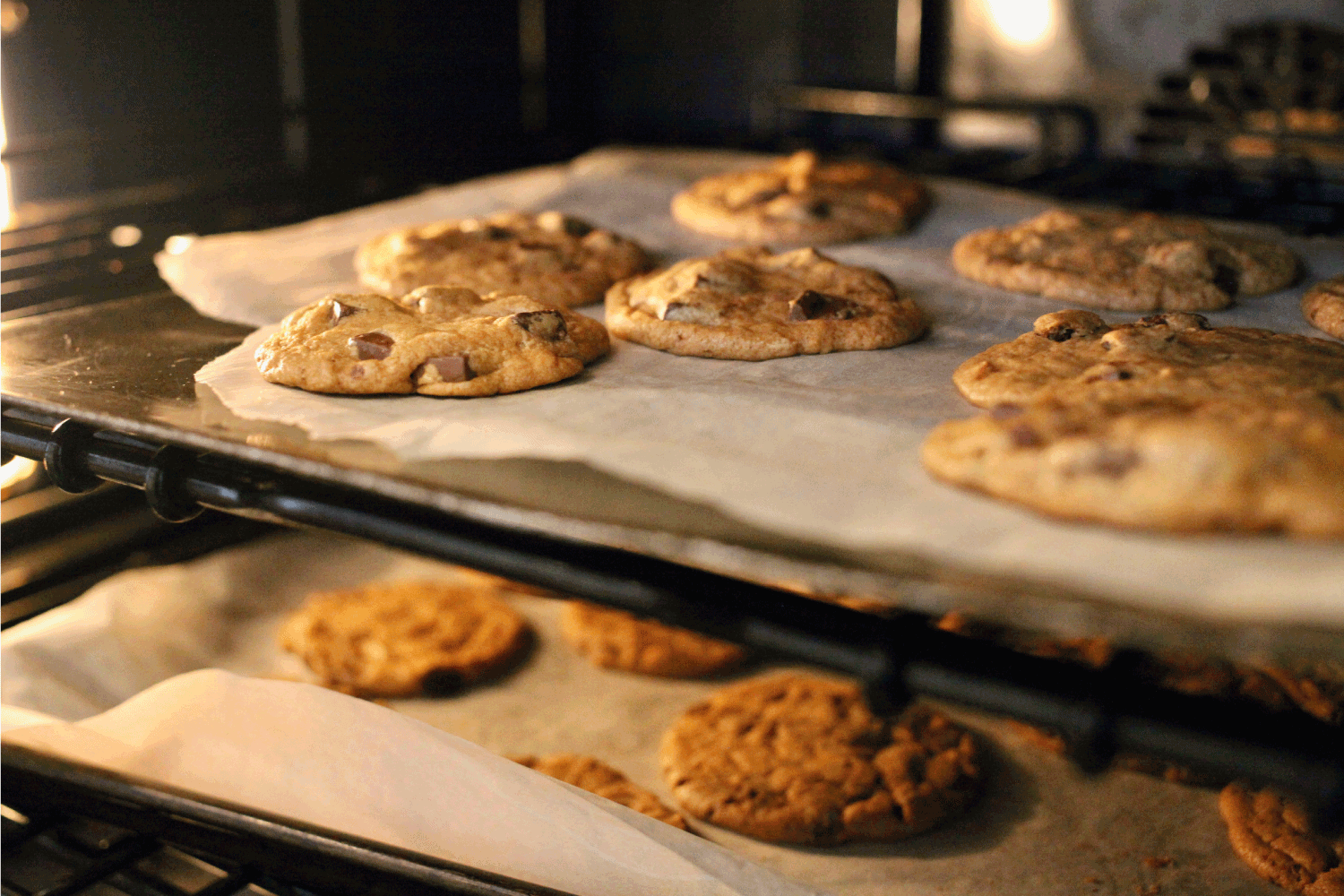 close up photo of cookie baking inside a convection oven