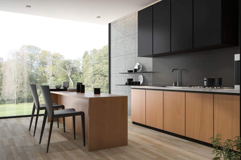 modern black kitchen with wood built, Should The Kitchen Floor Be Darker Than The Cabinets?