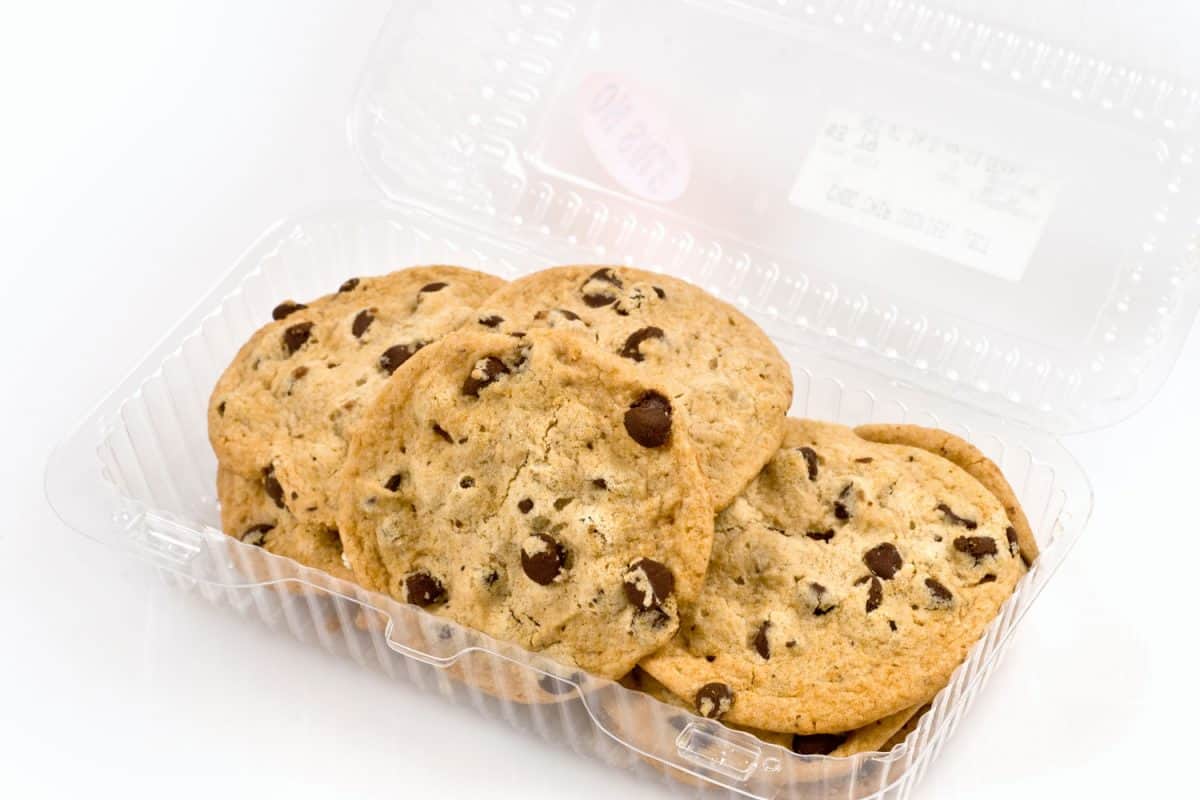 A transparent container filled with chocolate chips