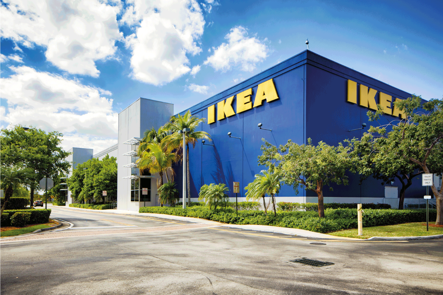 Corner view of the Ikea furniture store in Sunrise Florida near Fort Lauderdale on a mostly sunny Winter day